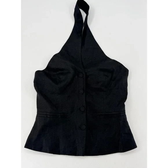 Reformation Tate Linen Halter Top Black Button Front Size 4 NWT - Picture 3 of 16